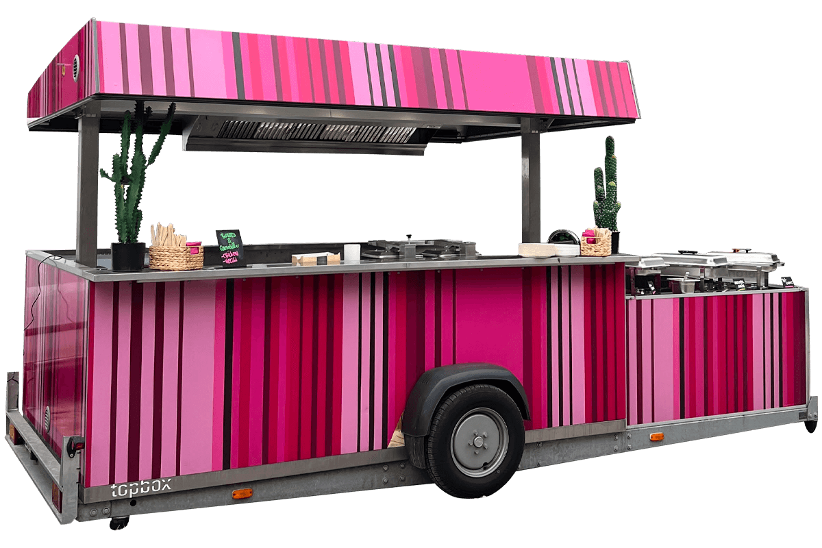 Pinkes Topbox Food Trailer Fahrzeug der mexwayfood Flotte